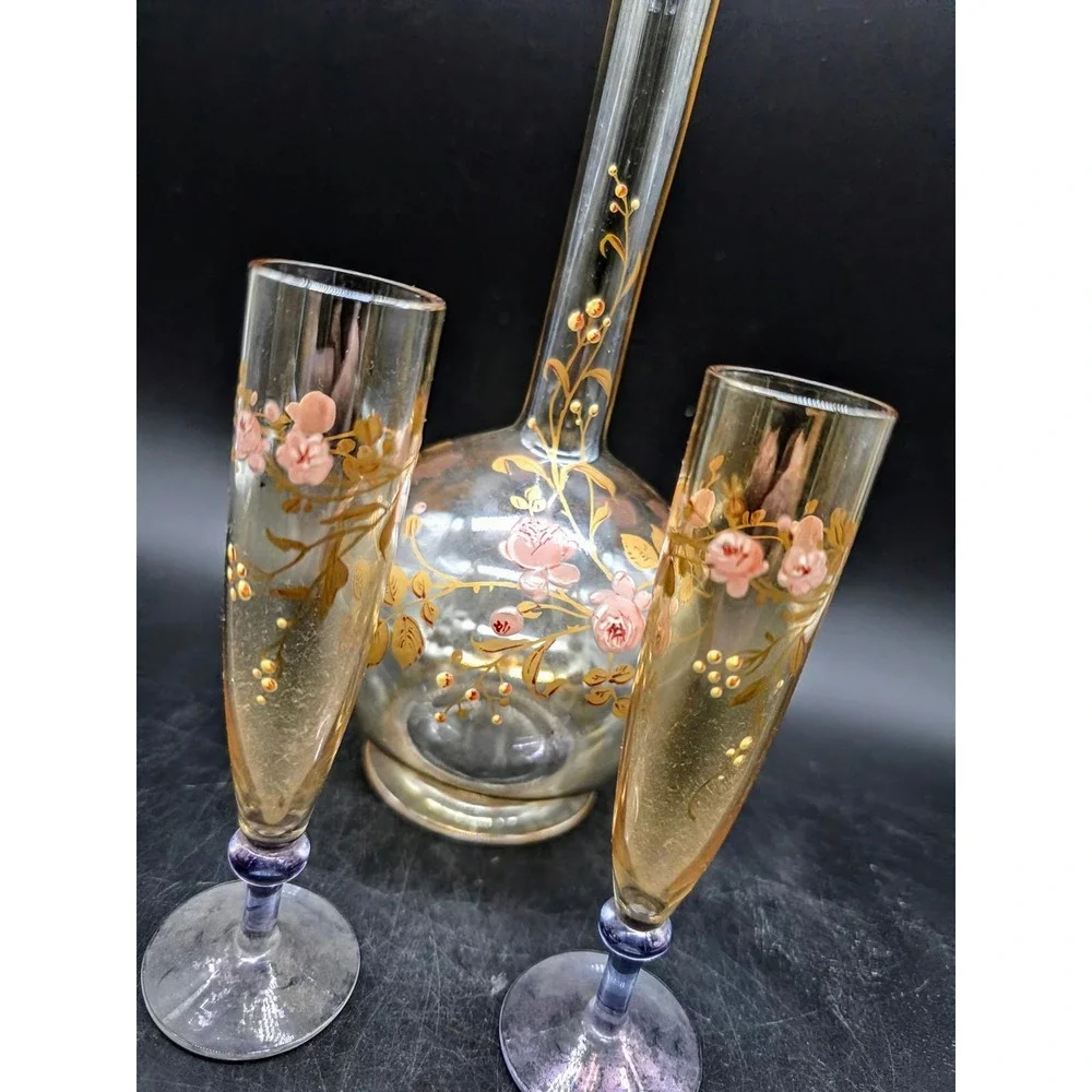 Victorian French Hand Painted Floral Glass Decanter Set Amber Purple Stopper 9
